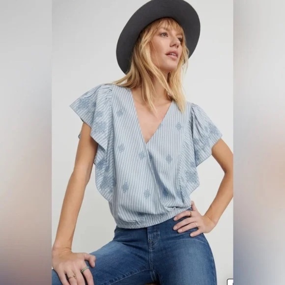 LUCKY BRAND - Cross Over Flutter Sleeve Top - Blue in Small - Picture 3 of 6